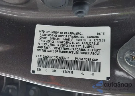 2012 Honda Civic Lx z USA, uszkodzony, nr VIN 2HGFB2F59CH533663